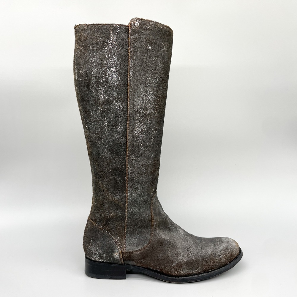 Frye Melissa Stud Boots Womens 8.5B Brown Silver Shimmer Distressed Leather Zip
